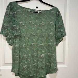 Lucky Brand Green Floral Cottage-core Flutter Sleeve Blouse Cutout Back